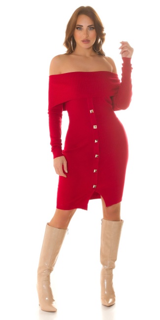 off-shoulder Knit Dress with studs Red
